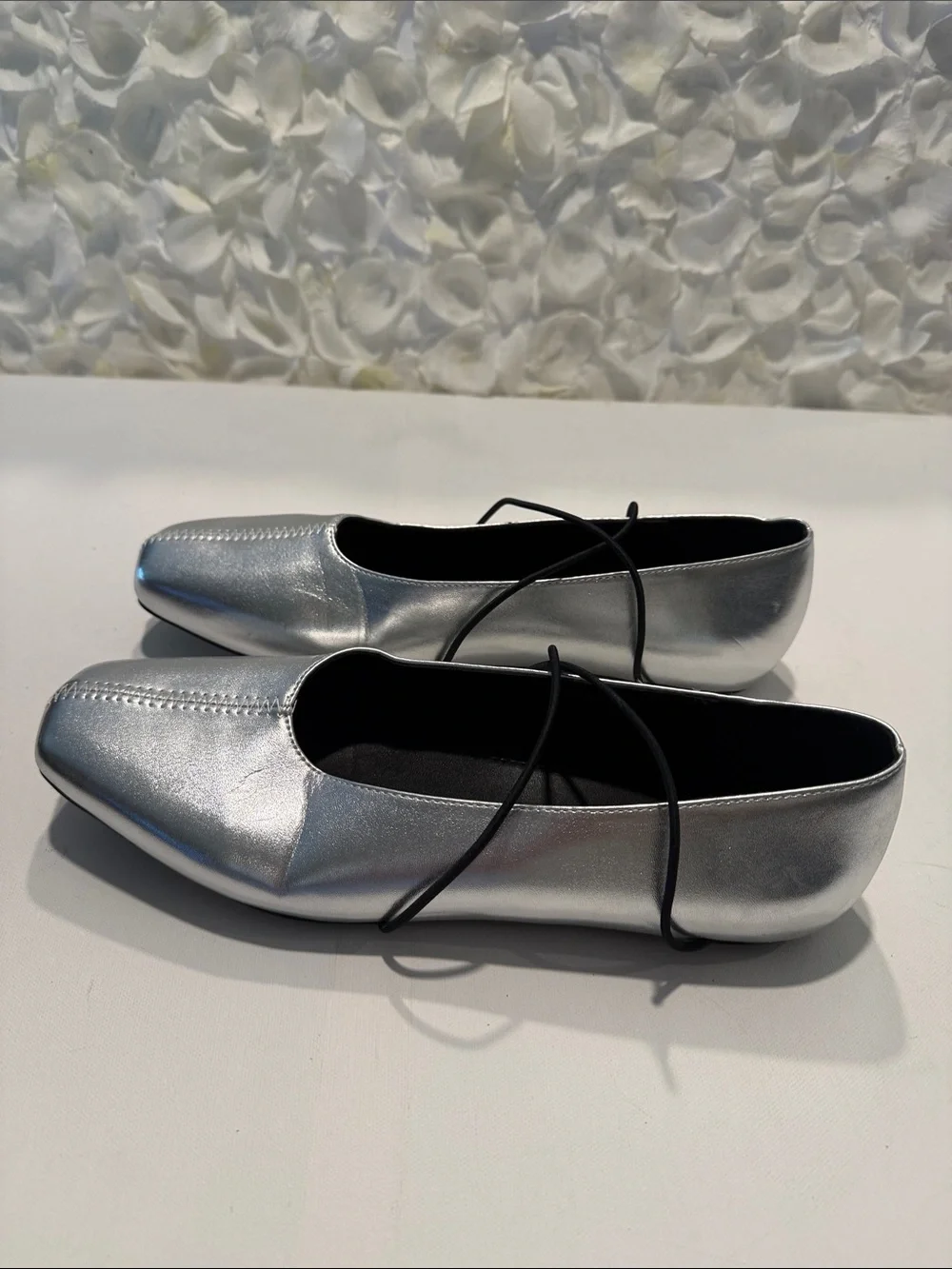 Metallic Silver Square-Toe Lace-Up Flats